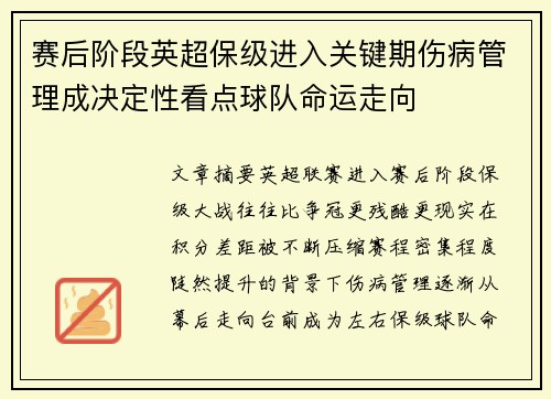 赛后阶段英超保级进入关键期伤病管理成决定性看点球队命运走向 赛后阶段英超保级进入关键期伤病管理成决定性看点球队命运走向